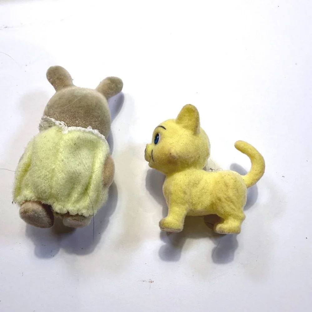 Vintage Flocked Miniature Bunny Rabbit and Yellow Cat Figurine Set 2pc